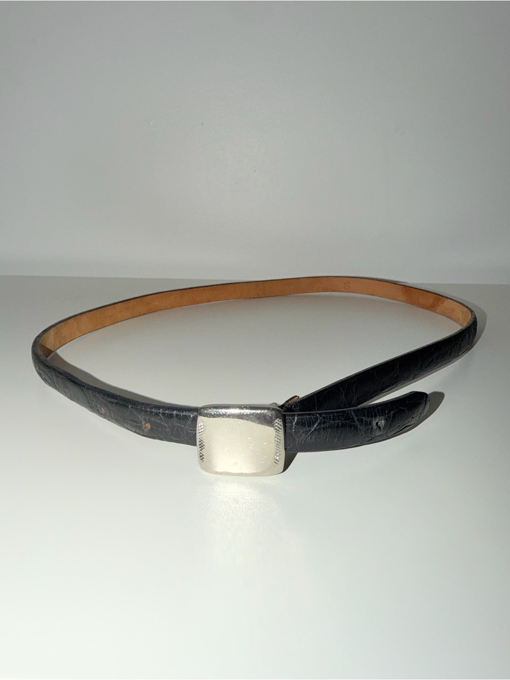 Black Genuine Leather Crocodile Embossed Thin Belt w/ Silver Square Buckle, Sz S
